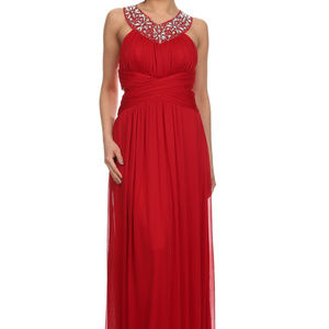 Long Red Chiffon Peek a Boo Sides Jewels Neckline